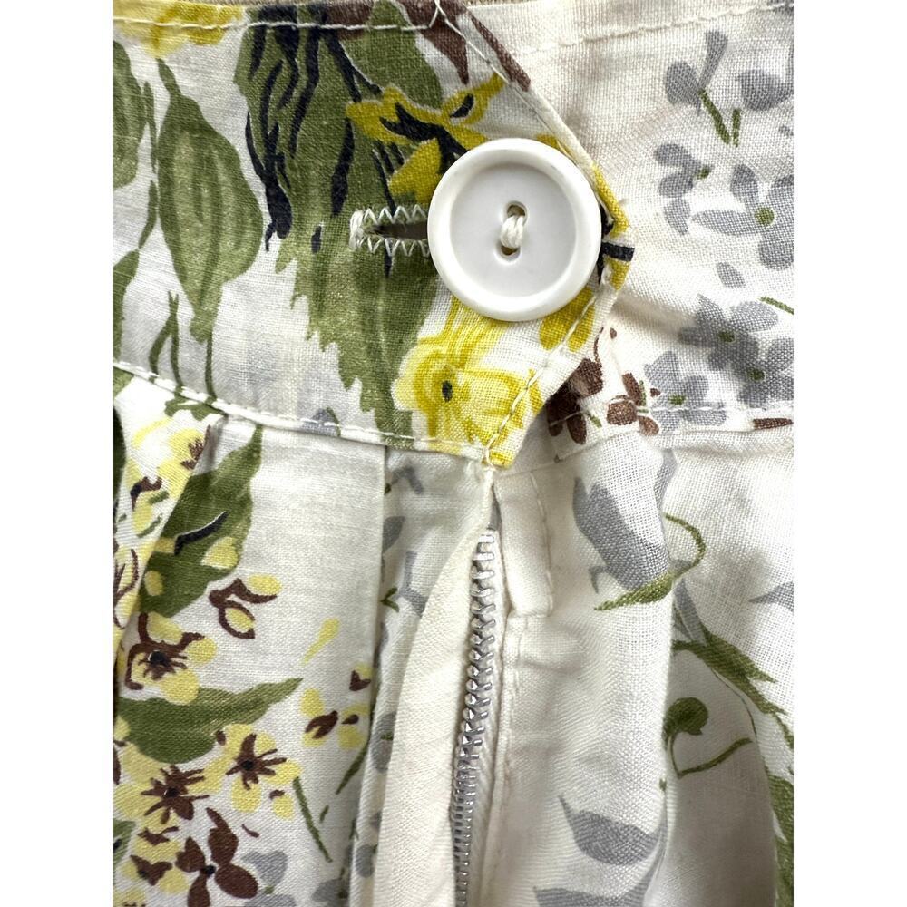50s VTG White Cotton Floral Skirt Yel/Brw/Green Pleated Metal Zipper Belt Loops - Picture 4 of 5